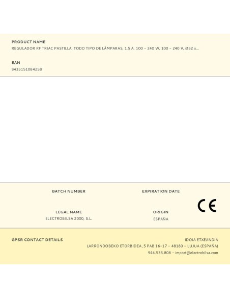 Regulador rf triac pastilla, todo tipo de lámparas, 1,5 a, 100 - 360 w, 100 - 240 v, ø52 x 26 mm