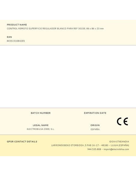 Control remoto tipo regulador de superficie, blanco, para ref 30159, 86 x 86 x 23 mm