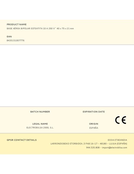 Base aérea bipolar esteatita 16 a 250 v~ 40 x 75 x 21 mm