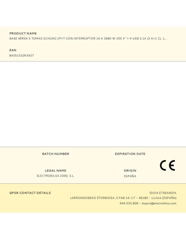 Base aérea 5 tomas schuko 2p+t con interruptor...