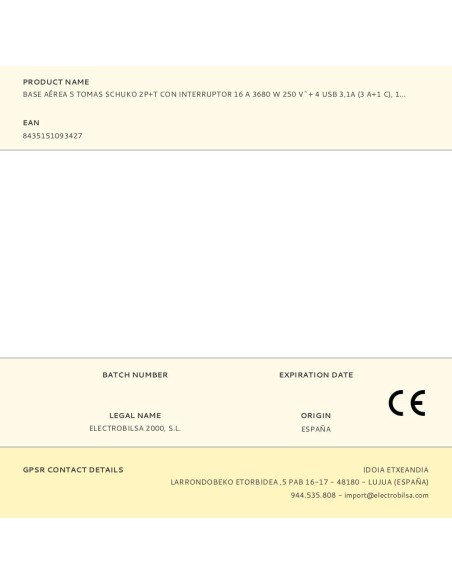 Base aérea 5 tomas schuko 2p+t con interruptor 16 a 3680 w 250 v~+ 4 usb 3,1a (3 a+1 c), cable de 1,5 m, blanca
