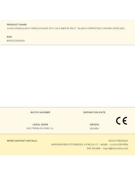 Clavija modular 5 tomas schuko 2p+t 16 a 3680 w 250 v~ blanca compatible con ref 40292, 40293