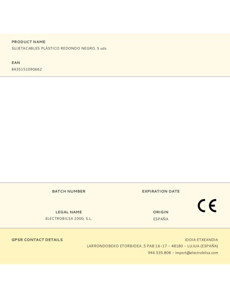 Sujetacables de plástico, redondo, negro, 5 uds