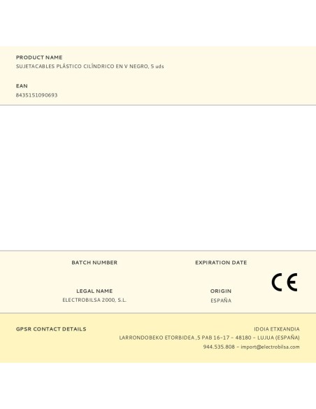 Sujetacables de plástico, cilíndrico, en v, negro, 5 uds