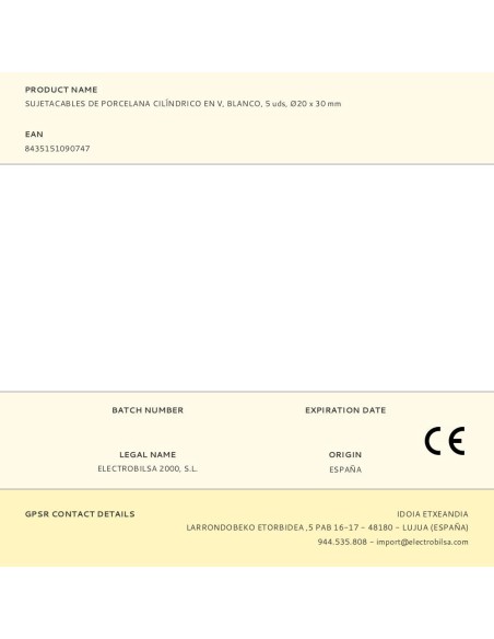 Sujetacables de porcelana cilíndrico en v, blanco, 5 uds, ø20 x 30 mm