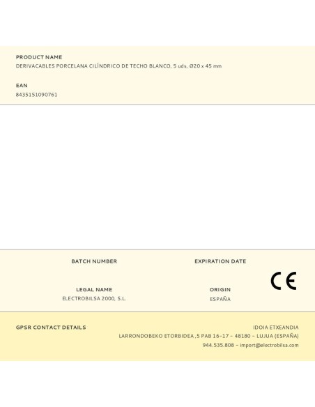 Derivacables porcelana cilíndrico de techo blanco, 5 uds, ø20 x 45 mm