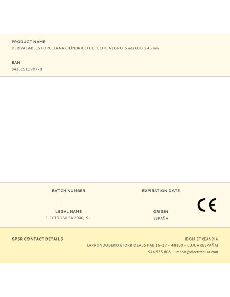 Derivacables de porcelana cilíndrico para techo, negro, 5 uds ø20 x 45 mm