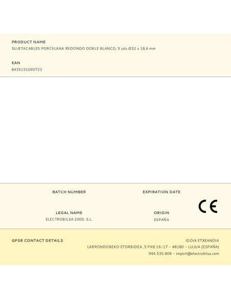 Sujetacables porcelana redondo doble blanco, 5 uds ø32 x 18,6 mm