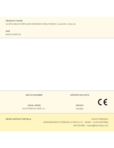 Sujetacables porcelana redondo doble negro, 5 uds ø32 x 18,6 mm