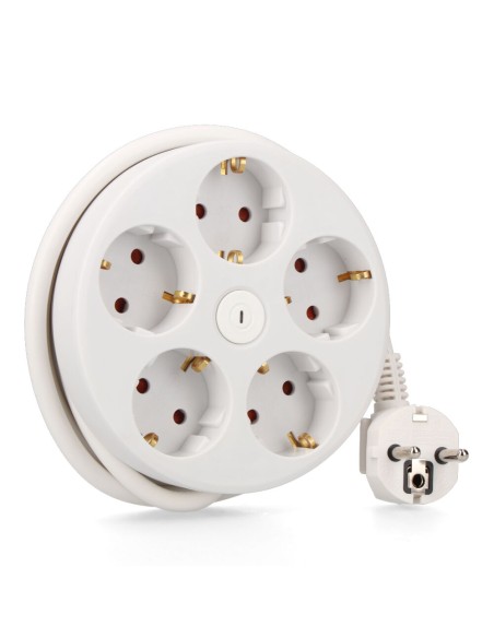 Prolongador redondo con 5 tomas 2p+t schuko, con interruptor, 16 a 250 v, cable h05vv-f 3g1,5mm² de 1,5 m, blanco