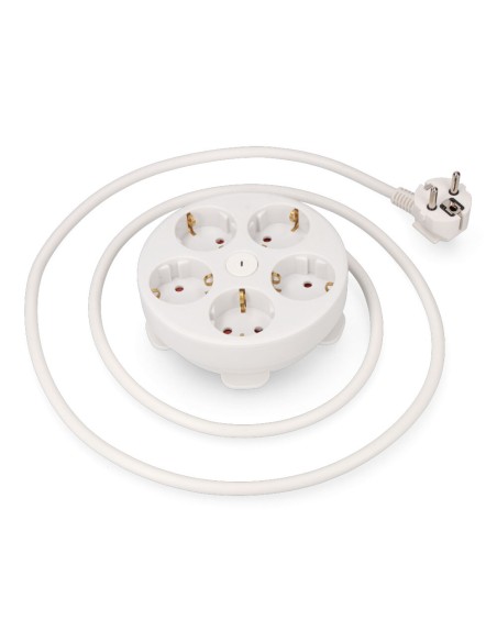 Prolongador redondo con 5 tomas 2p+t schuko, con interruptor, 16 a 250 v, cable h05vv-f 3g1,5mm² de 1,5 m, blanco