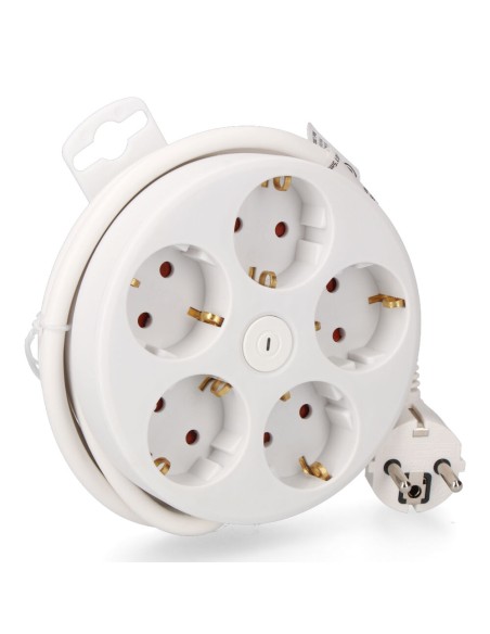 Prolongador redondo con 5 tomas 2p+t schuko, con interruptor, 16 a 250 v, cable h05vv-f 3g1,5mm² de 1,5 m, blanco