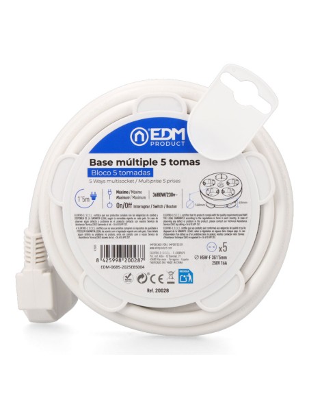 Prolongador redondo con 5 tomas 2p+t schuko, con interruptor, 16 a 250 v, cable h05vv-f 3g1,5mm² de 1,5 m, blanco