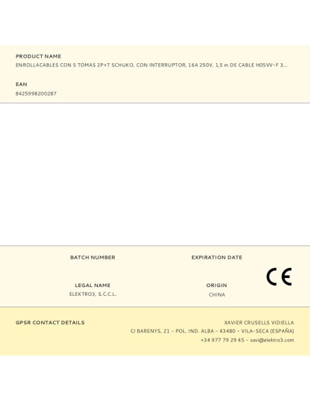 Prolongador redondo con 5 tomas 2p+t schuko, con interruptor, 16 a 250 v, cable h05vv-f 3g1,5mm² de 1,5 m, blanco