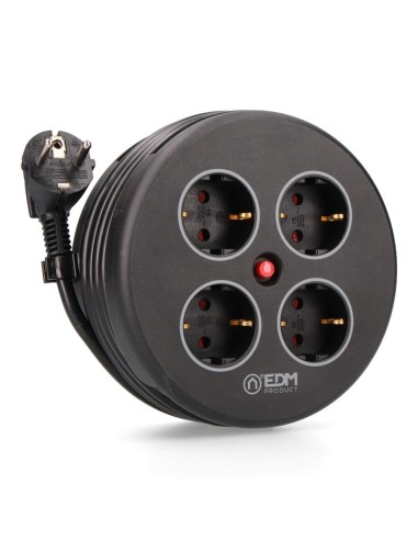 Enrollacables con 4 tomas 2p+t schuko, con protección, 16 a 250 v, cable h05vv-f 3g1,5mm² de 5 m, negro
