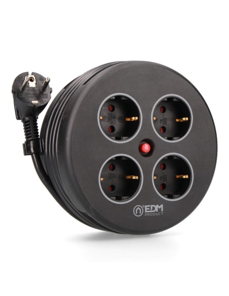 Enrollacables con 4 tomas 2p+t schuko, con protección, 16 a 250 v, cable h05vv-f 3g1,5mm² de 5 m, negro