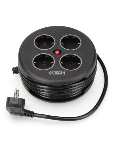 Enrollacables con 4 tomas 2p+t schuko, con protección, 16 a 250 v, cable h05vv-f 3g1,5mm² de 5 m, negro