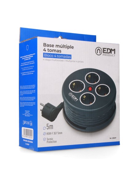 Enrollacables con 4 tomas 2p+t schuko, con protección, 16 a 250 v, cable h05vv-f 3g1,5mm² de 5 m, negro