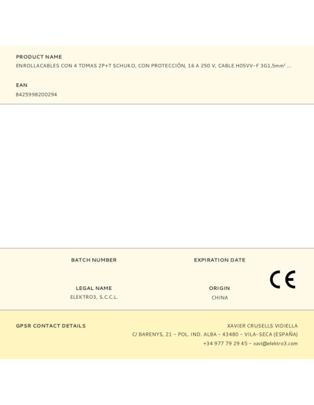 Enrollacables con 4 tomas 2p+t schuko, con protección, 16 a 250 v, cable h05vv-f 3g1,5mm² de 5 m, negro