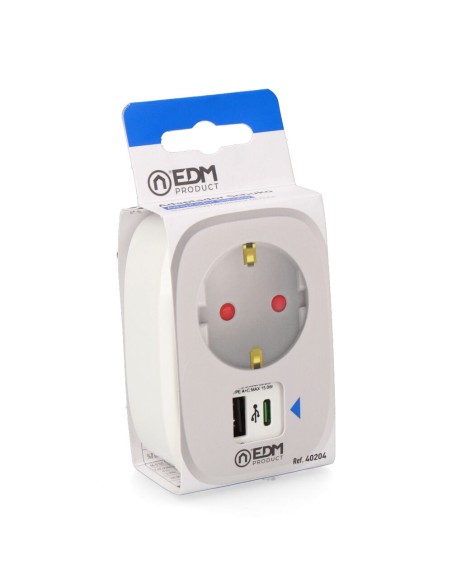 Adaptador 1 toma 2p+t schuko con 2 usb (a + c), blanco
