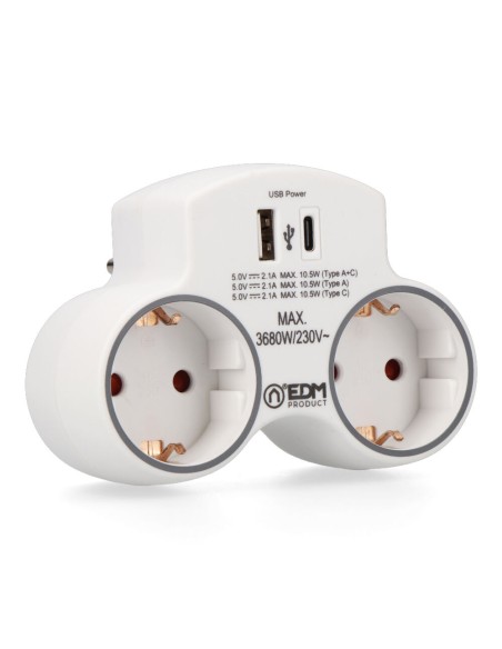 Adaptador 2 tomas 2p+t schuko con 2 usb (a + c), blanco