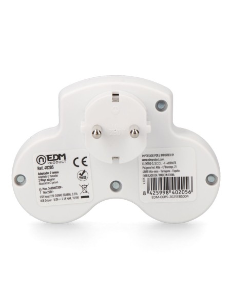 Adaptador 2 tomas 2p+t schuko con 2 usb (a + c), blanco