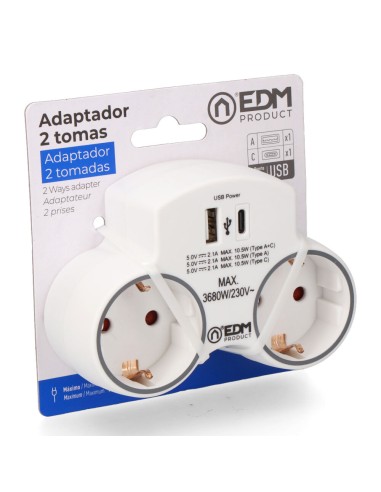 Adaptador 2 tomas 2p+t schuko con 2 usb (a +...