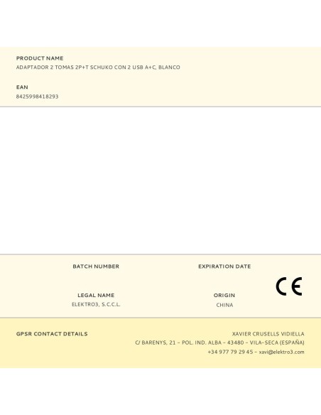 Adaptador 2 tomas 2p+t schuko con 2 usb (a + c), blanco