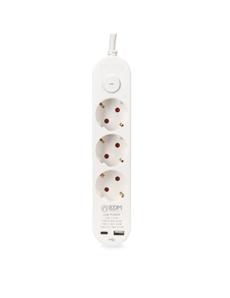 Prolongador con 3 tomas 2p+t schuko, con interruptor, 2 usb a + c, 16 a 250 v, cable h05vv-f, 3g1,5mm² de 1,5 m, blanco