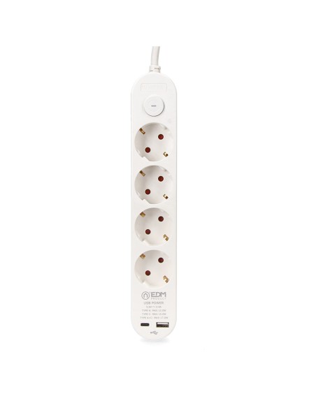 Prolongador con 4 tomas 2 p+t schuko, con interruptor, 2 usb a + c, 16 a 250 v, cable h05vv-f, 3g1,5mm² de 1,5 m, blanco