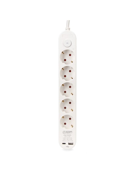 Prolongador con 5 tomas 2p+t schuko, con interruptor, 2 usb a + c, 16 a 250 v, cable h05vv-f, 3g1,5mm² de 1,5 m, blanco