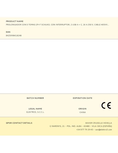 Prolongador con 5 tomas 2p+t schuko, con...