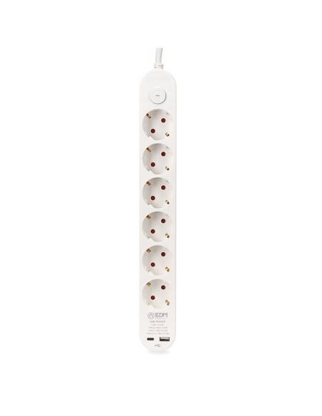 Prolongador con 6 tomas 2 p+t schuko, con interruptor, 2 usb a + c, 16 a 250 v, cable h05vv-f, 3g1,5mm² de 1,5 m, blanco