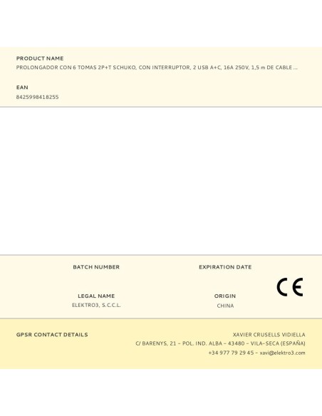 Prolongador con 6 tomas 2 p+t schuko, con interruptor, 2 usb a + c, 16 a 250 v, cable h05vv-f, 3g1,5mm² de 1,5 m, blanco