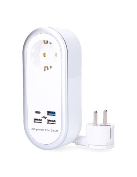 Prolongador con 1 toma 2p+t schuko, 4 usb (3 x a + 1 x c), 16 a 250 v, cable h05vv-f, 3g1,5mm² de 1,5 m, blanco