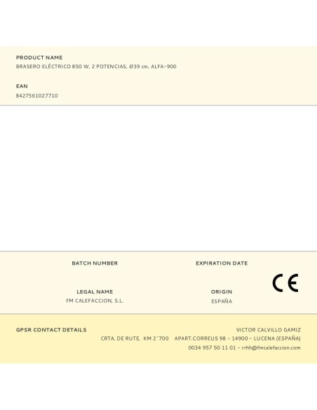 Brasero eléctrico alfa-900, 2 potencias 425 w / 850 w, ø39 cm