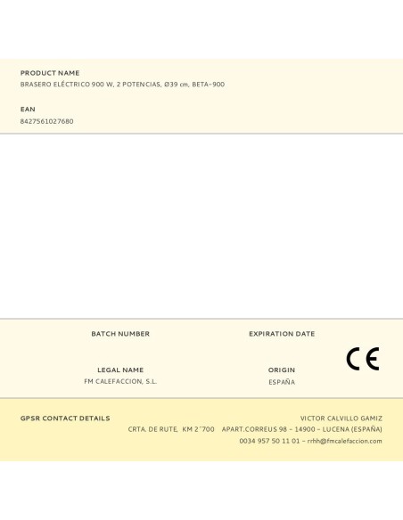 Brasero eléctrico beta-900, 2 potencias 450 w / 900 w, ø39 cm