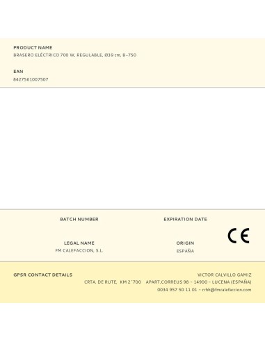 Brasero eléctrico b-750, 700 w, regulable, ø39 cm