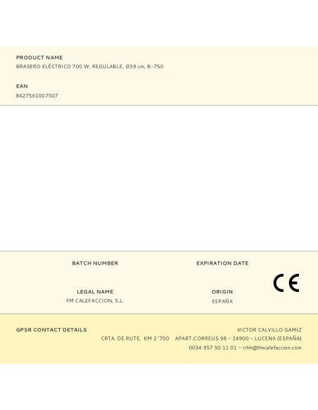 Brasero eléctrico b-750, 700 w, regulable, ø39 cm