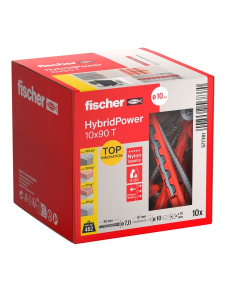 Tacos hybridpower ø7 x 90 mm + tornillos avellanados tx40, ø10 x 87 mm, caja 10 uds