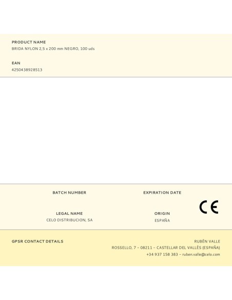 Brida nylon 2,5 x 200 mm negra, 100 uds