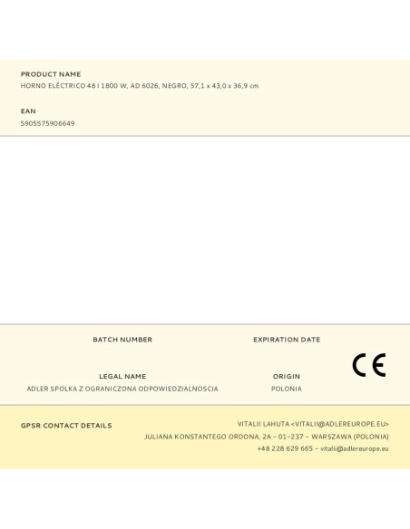 Horno eléctrico ad 6026 1800 w 48 l