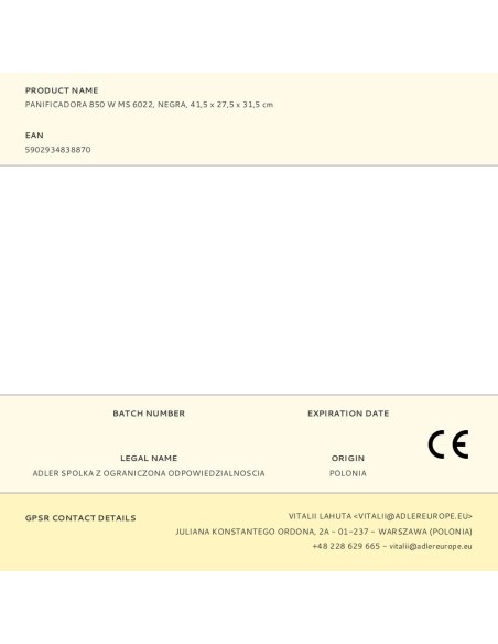 Panificadora ms 6022, 850 w