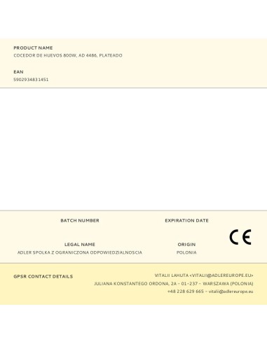 Cocedor de huevos ad 4486, hasta 8 huevos, 800 w