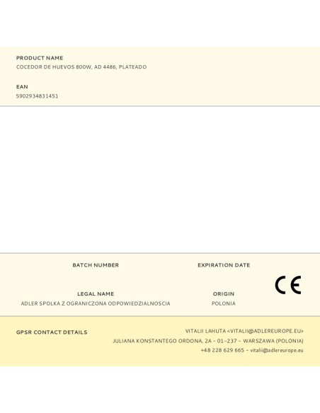 Cocedor de huevos ad 4486, hasta 8 huevos, 800 w