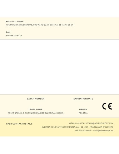 Tostadora 2 ranuras ad 3223, blanca, 900 w