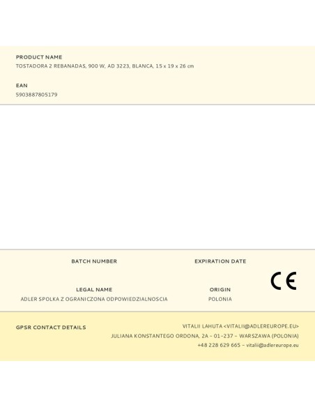 Tostadora 2 ranuras ad 3223, blanca, 900 w