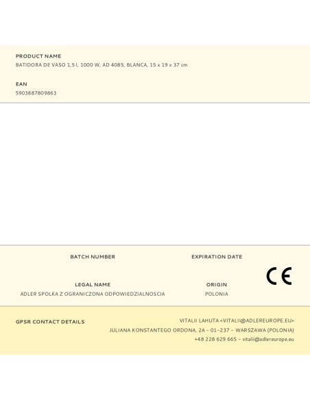 Batidora de vaso ad 4085, 1000 w, 1,5 l