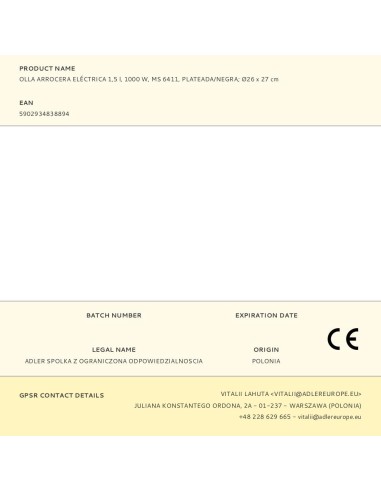 Olla arrocera ms 6411 1000 w 1,5 l