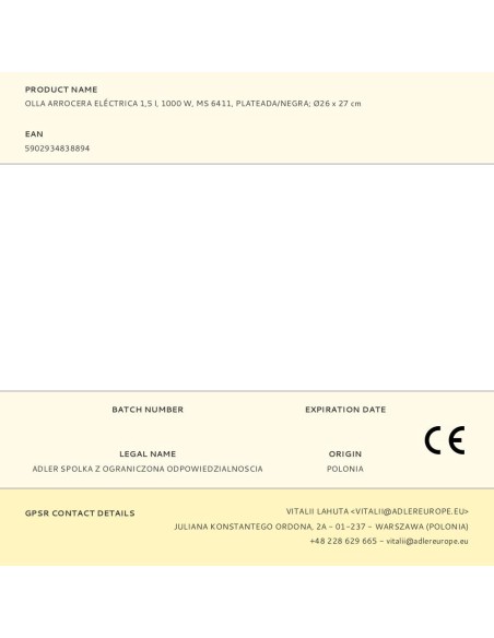 Olla arrocera ms 6411 1000 w 1,5 l